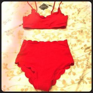 Scalloped Red High Waisted Bikini - Size 6
